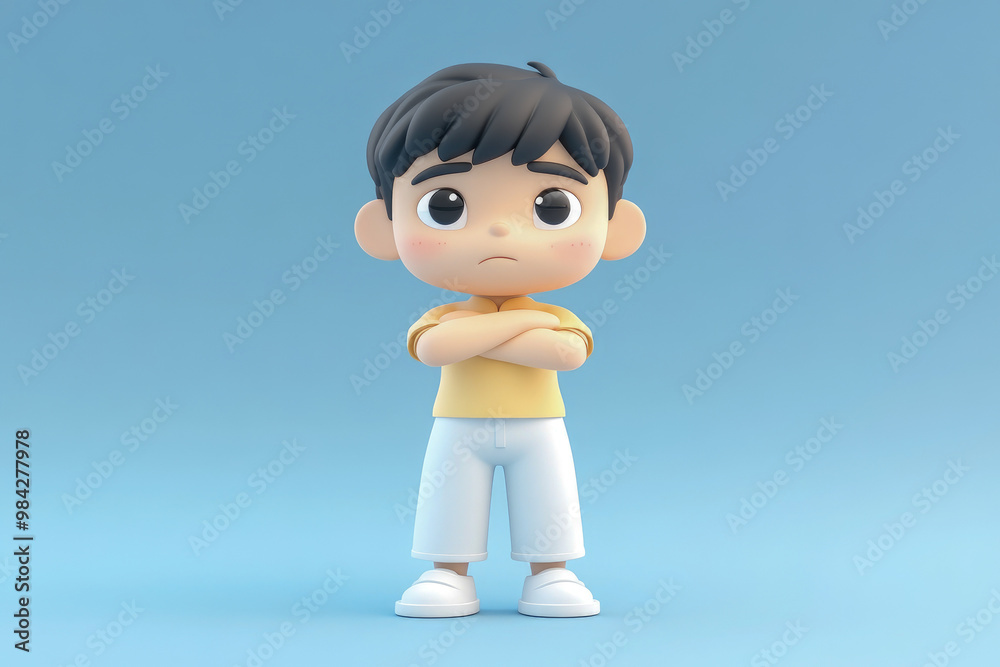 3D illustration of a young boy with arms crossed, wearing a yellow top and white pants, expressing sadness or frustration against a blue backdrop.