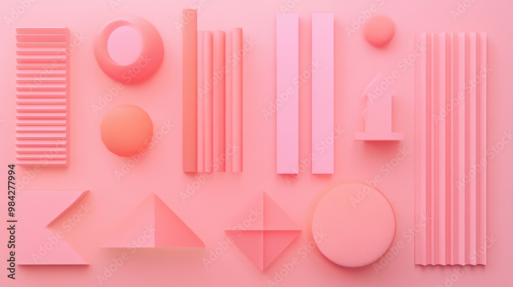 Line art illustration featuring a layout of pink geometric shapes set against a pink background Flat lay design Line art illustration featuring a layout of pink geometric shapes set against a pink background Flat lay design