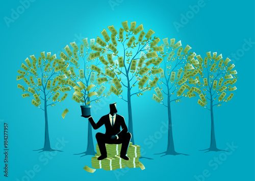Businessman sitting on a stack of money holding money plant, with money trees behind him. Compouding effect and abundance concept
