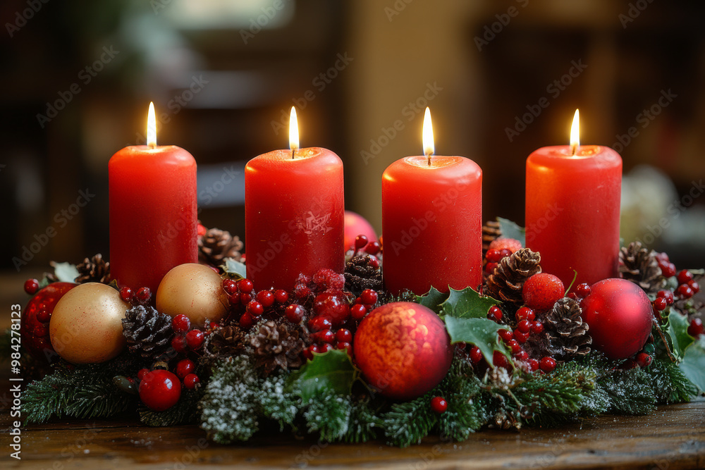 Advent wreath with four red candles