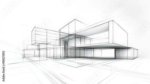 Line art illustration showcasing abstract architectural design in a 3D perspective