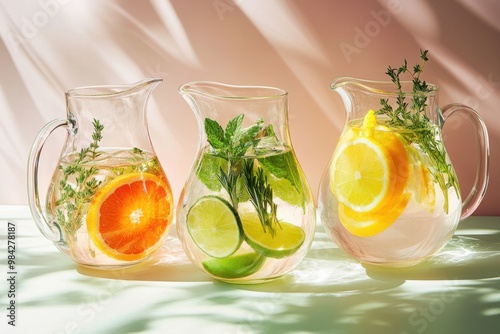 Three clear glass pitchers filled with vibrant, fruit-infused water, each with unique combinations photo