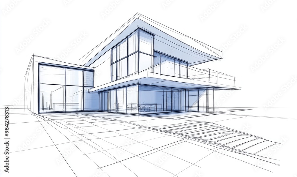 Line art illustration featuring a house architectural design in a 3D perspective Line art illustration featuring a house architectural design in a 3D perspective