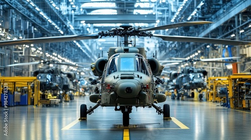 A row of military helicopters are in a large factory, the front one in focus.