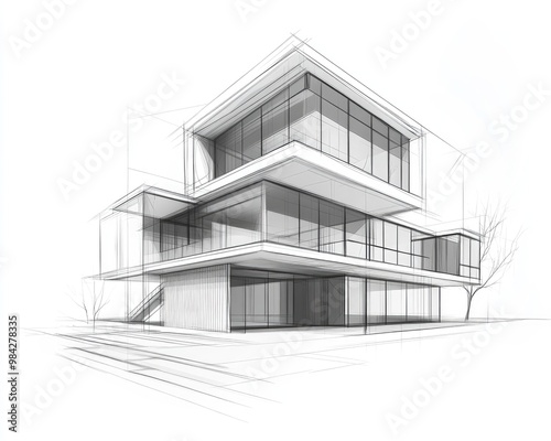 Line art depiction of contemporary architectural design in a 3D illustration