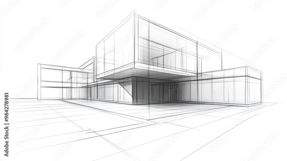Line art depiction of an architectural building in a 3D sketch format Line art depiction of an architectural building in a 3D sketch format