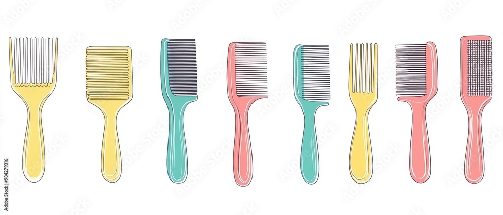 Colorful combs illustrated in a line art style against a white background Colorful combs illustrated in a line art style against a white background