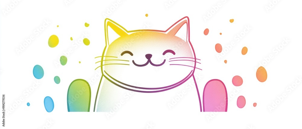 Line art illustration featuring a rainbow gradient depicting a cheerful cartoon cat Line art illustration featuring a rainbow gradient depicting a cheerful cartoon cat