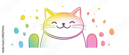 Line art illustration featuring a rainbow gradient depicting a cheerful cartoon cat