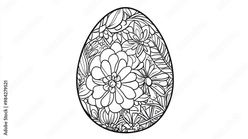 Line art illustration of an Easter egg designed as a coloring page for adults featuring a mandala style and hand drawn details on a white background