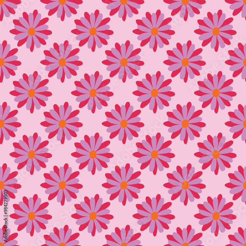1970s floral seamless pattern. Groovy and funky hippie aesthetic.Good vibes only.Ornament with flowers, botany, petals.Psychedelic rainbow repeating background.Retro print for fabric with nature.	