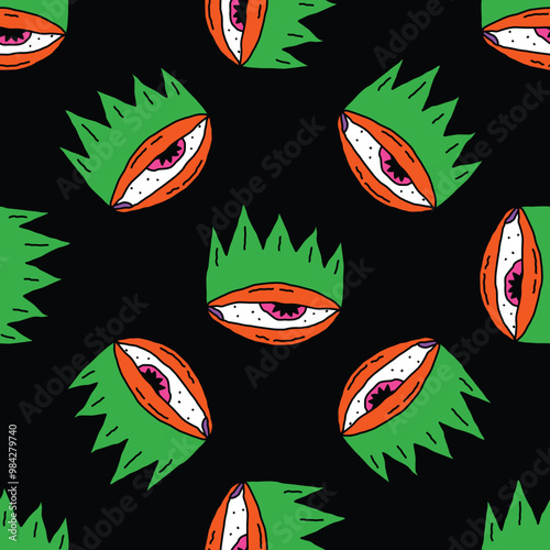 square seamless pattern -sinister eyes for Halloween.Devil eyes in 1970s psychedelic style.Groovy and funky print ornament.A look from a horror movie. Mystical esoteric eye.Witches,astrology and tarot