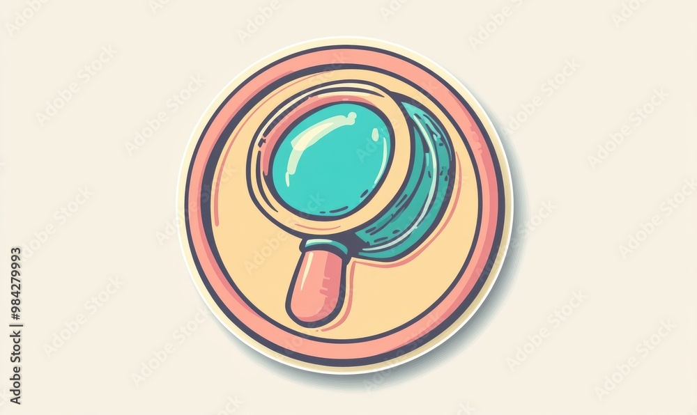Whimsical line art illustration of a circular peeling sticker featuring a playful cartoon magnifying glass Whimsical line art illustration of a circular peeling sticker featuring a playful cartoon magnifying glass