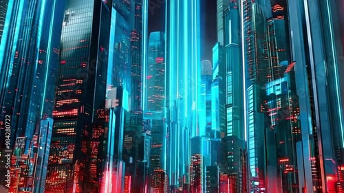 Futuristic cyber citiyscape with neon lights and skyscrapers. Low angle view. photo