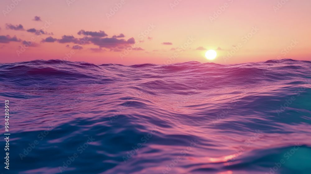 Obraz premium Beautiful sunset over a calm ocean with waves painted in pink hues, reflecting the warm colors of the sky, calming and serene.