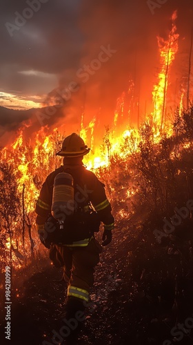 A firefighter fighting a natural disaster. The concept of fighting a forest fire