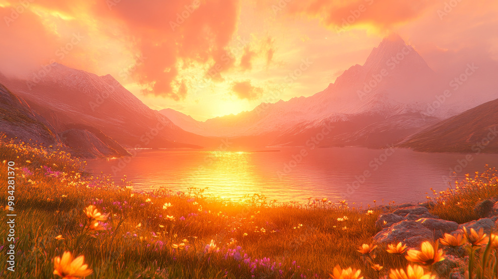 Golden hour settles over a serene mountain lagoon surrounded by wildflowers, casting the landscape in warm, golden hues, enhancing its beauty. Golden hour settles over a serene mountain lagoon surrounded by wildflowers, casting the landscape in warm, golden hues, enhancing its beauty.