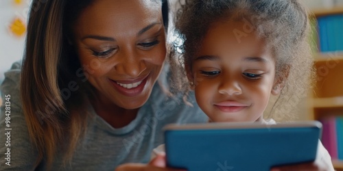 Woman and Child Engaged in Digital Activity