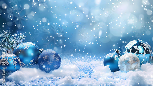 blue christmas background with snowflakes and christmas balls