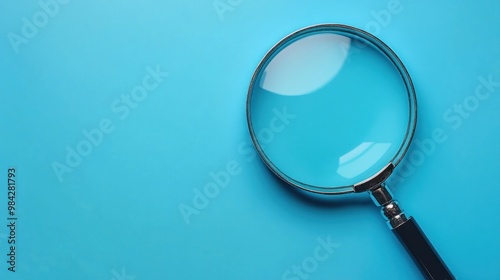 A magnifying glass on a bright blue background, with copy space to the left.