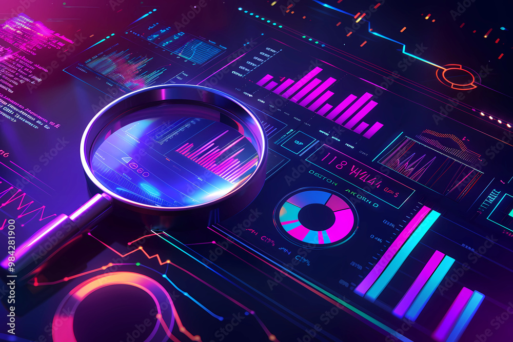 Data analysis, search engine optimization or SEO. magnifier, charts, graphs. ultraviolet and neon screen.
