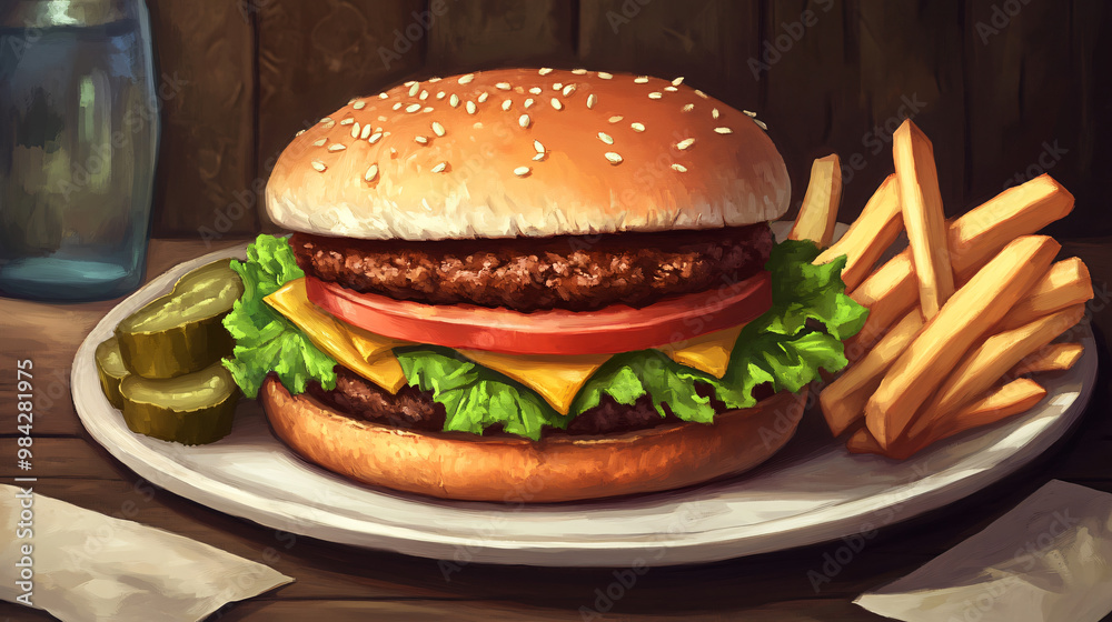 A visual of a classic cheeseburger with lettuce, tomato, and pickles on a sesame seed bun, with a side of crispy fries. A visual of a classic cheeseburger with lettuce, tomato, and pickles on a sesame seed bun, with a side of crispy fries.