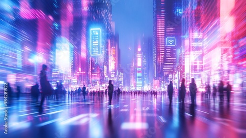 Wallpaper Mural Cityscape at Night with Neon Lights and Blurred People Walking in Street Torontodigital.ca