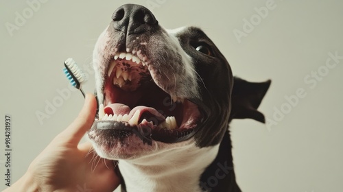 A person is holding a toothbrush near a dog's open mouth, suggesting the act of brushing the dog's teeth. The dog appears cooperative and calm.