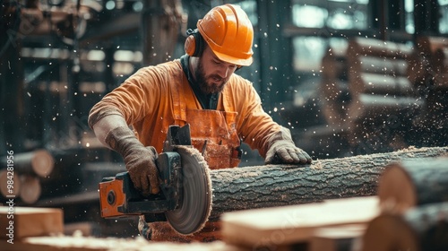 A lumberjack in a safety helmet and workwear uses a circular saw to cut a log in a sawmill.