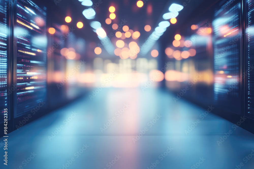 A high-tech server room filled with modern servers, beautifully lit with colorful bokeh lights in the background, creating a futuristic feel. A high-tech server room filled with modern servers, beautifully lit with colorful bokeh lights in the background, creating a futuristic feel.