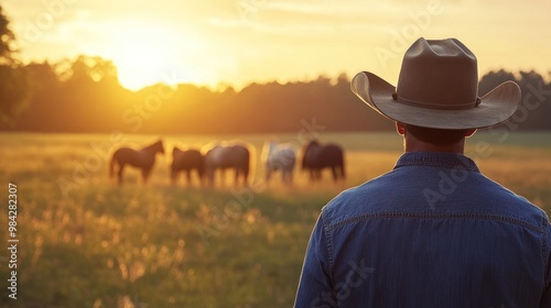 A cowboy wearing a hat stands in a field, watching a group of horses as the sun sets behind him.