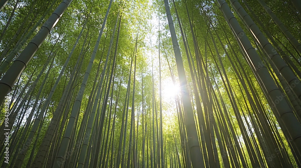 A low angle view of a dense bamboo forest, the sun shining through the tall stalks. A low angle view of a dense bamboo forest, the sun shining through the tall stalks.