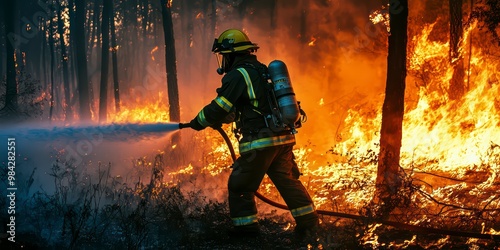 A firefighter fighting a natural disaster. The concept of fighting a forest fire photo