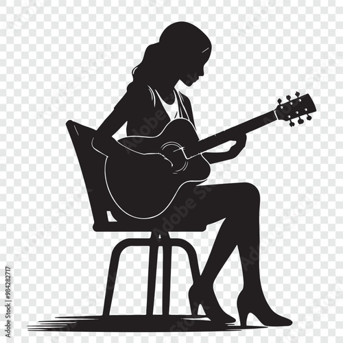 a woman playing the guitar on a chair.