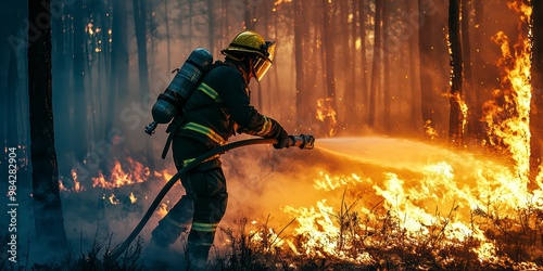 A firefighter fighting a natural disaster. The concept of fighting a forest fire photo