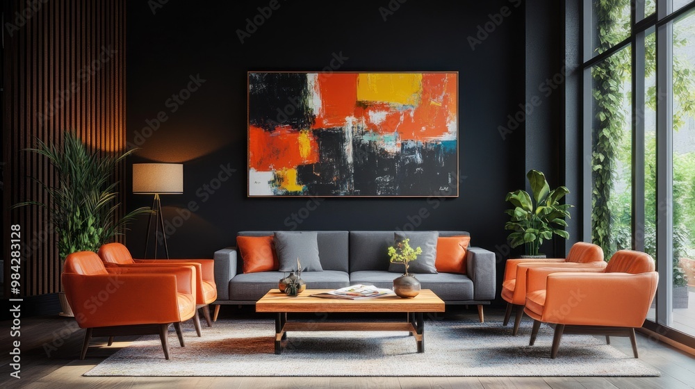 Modern living room with a large abstract painting, a gray sofa, two orange armchairs, a coffee table, and large windows with green plants outside. Modern living room with a large abstract painting, a gray sofa, two orange armchairs, a coffee table, and large windows with green plants outside.