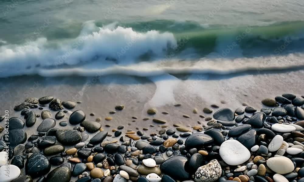 Waves gently lap against a rocky shore, creating foam and ripples in the water. Waves gently lap against a rocky shore, creating foam and ripples in the water.