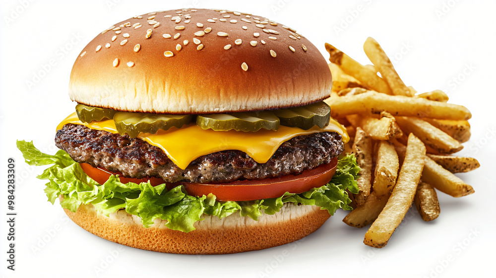 A visual of a classic cheeseburger with lettuce, tomato, and pickles on a sesame seed bun, with a side of crispy fries. A visual of a classic cheeseburger with lettuce, tomato, and pickles on a sesame seed bun, with a side of crispy fries.