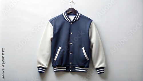 A blank varsity-style baseball jacket hung or laid flat, perfect for sportswear branding or logo placement.