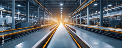 Rows of conveyor belts in a sprawling factory efficiently transport raw materials through various production stages