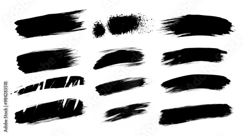 This image includes twelve black paintbrush streaks, each varying in length and thickness, set against a white background for contrast.
