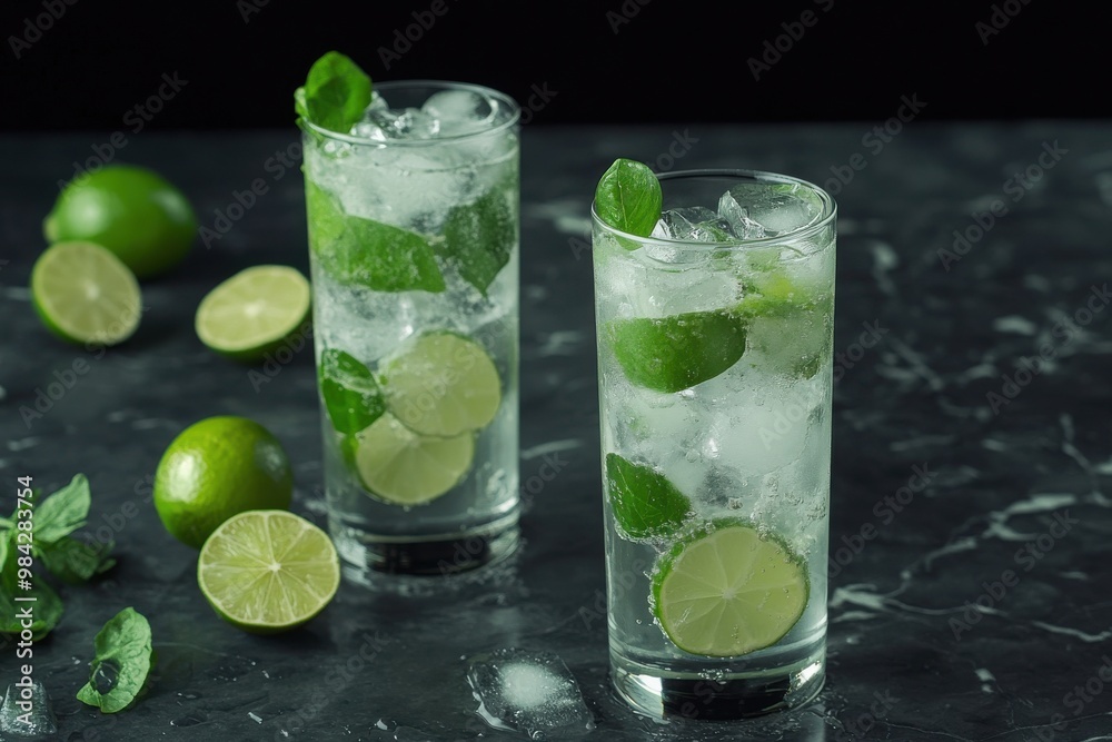 Fototapeta premium Two perfectly chilled mojitos in tall glasses filled with ice and lime slices resting on a dark marble