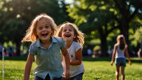 Happy girls running and playing in the park 