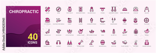Chiropractic icon set. Colorful icons collection, line icons for web and ui. Vector illustration. Icon names are written in English.