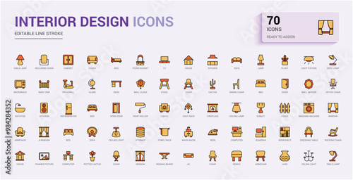Interior design colorful icon collection. Line and colorful icons for web and ui. Vector illustration. Icon names are written in English.