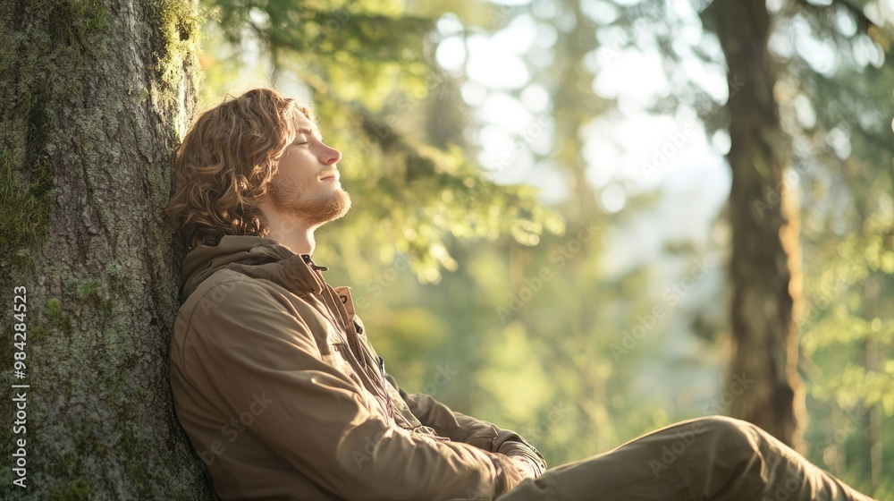 Fototapeta premium A young man sits leaning against a tree in a forest with his eyes closed, enjoying the peace and quiet of nature.
