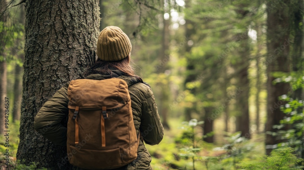 A woman with a backpack stands leaning against a tree in a forest, looking out at the trees. A woman with a backpack stands leaning against a tree in a forest, looking out at the trees.