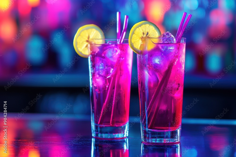 Two tall glasses filled with bright pink and purple cocktails garnished with lemon slices and straws Two tall glasses filled with bright pink and purple cocktails garnished with lemon slices and straws