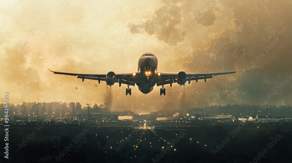 A passenger plane taking off from a runway, with a hazy, cloudy sky. A passenger plane taking off from a runway, with a hazy, cloudy sky.