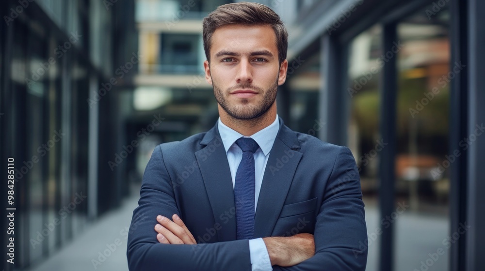 Confident businessman standing in a modern office building with his arms crossed. Confident businessman standing in a modern office building with his arms crossed.